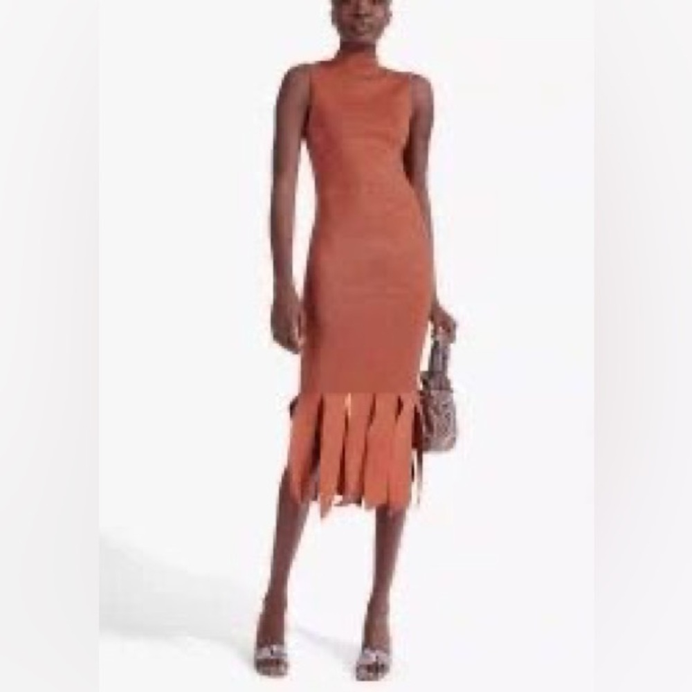 Staud Glitter Turtleneck Knit Dress with Pearls Hem in Burnt Orange size M